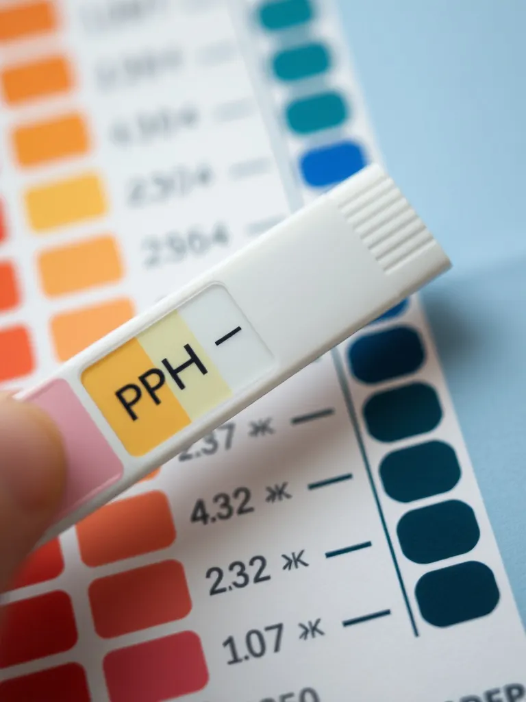 Close up of a pH test strip being compared to a color chart,